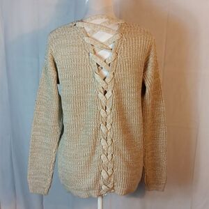Poof Apparel Taupe Corset Back Crocheted Sweater
